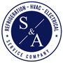 Logo for S&A Service Company: navy circle with white text. Includes "Refrigeration, HVAC, Electrical", and initials "S & A".