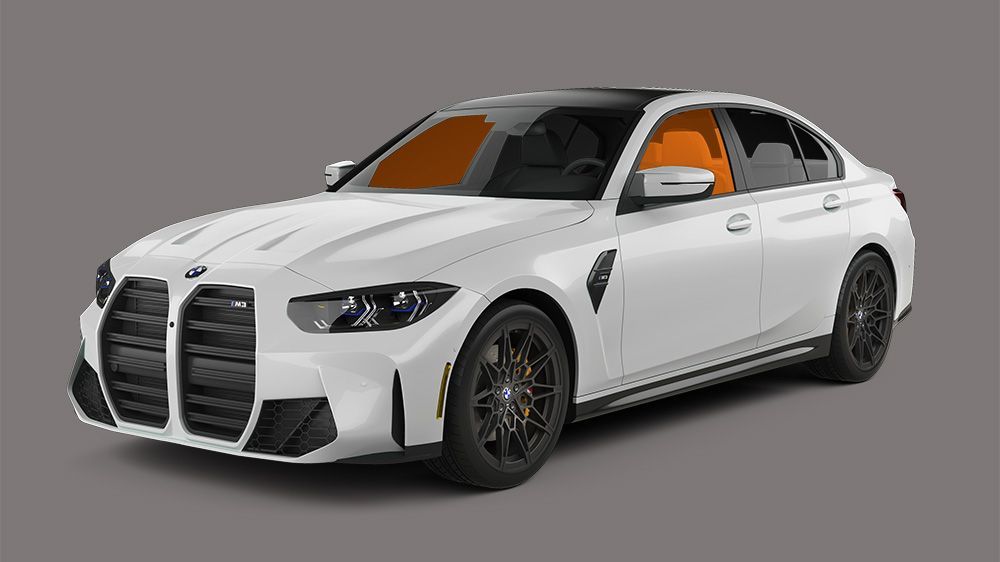 White BMW M3 sedan with black accents and tinted orange windows.
