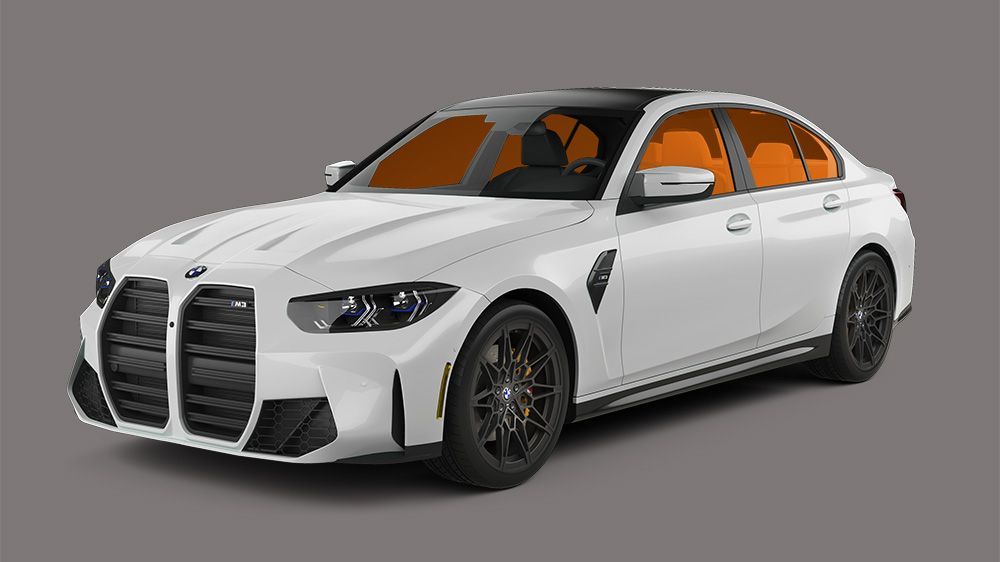 White BMW M3 sedan with black accents, tinted windows, and black wheels.