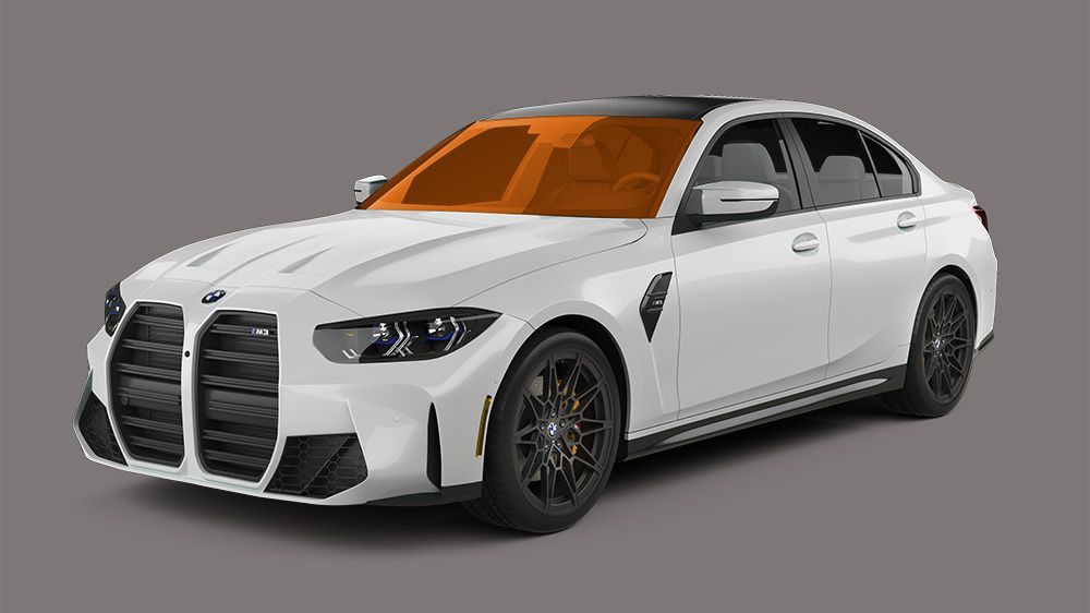 White BMW M3 sedan with black trim against a gray background; windshield tinted orange.