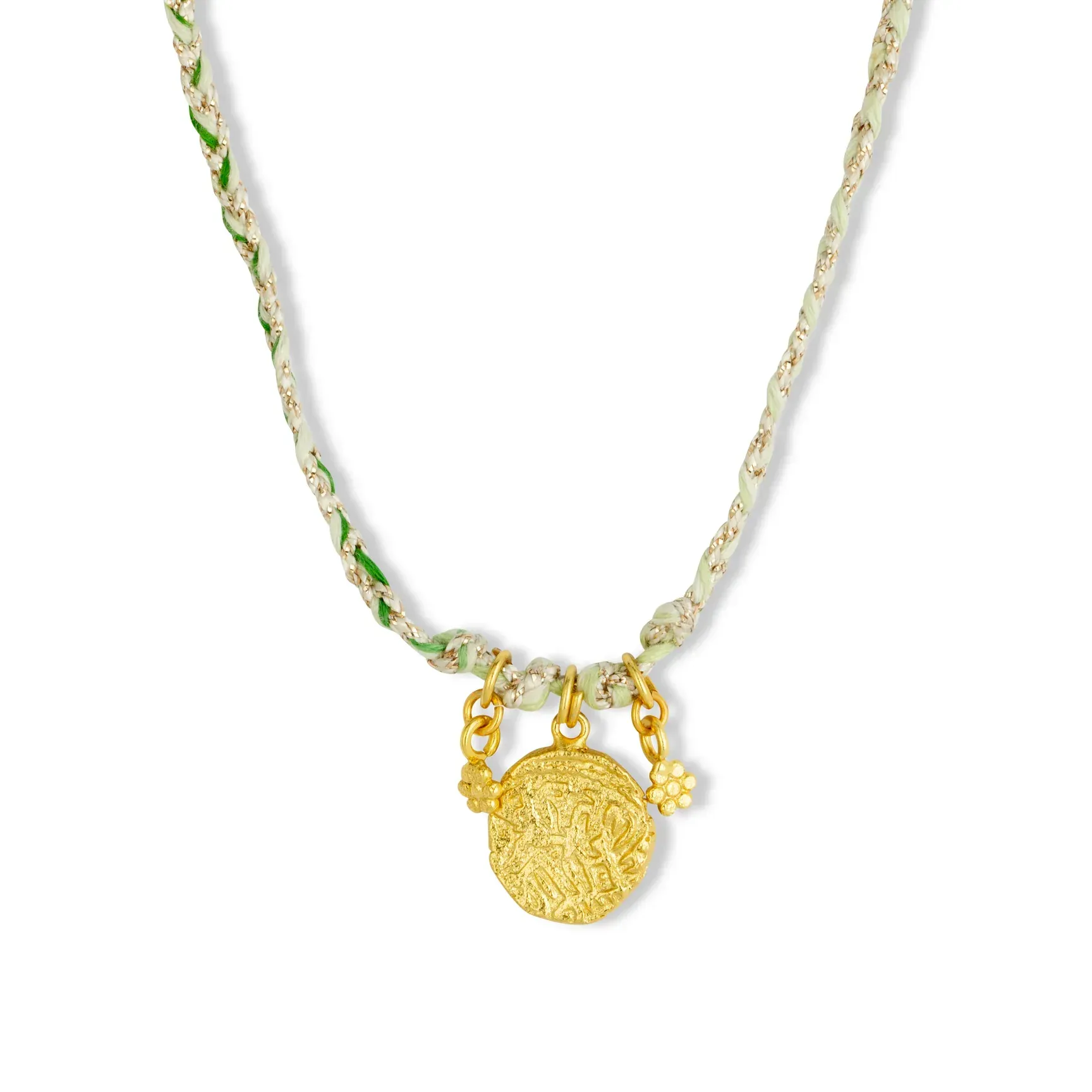 A close up of a necklace with a gold coin pendant