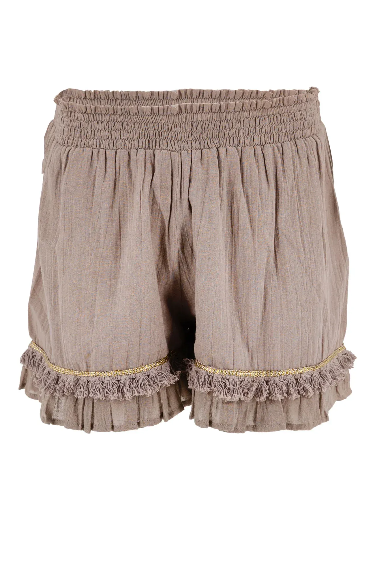 A pair of shorts with ruffles on the side on a white background.