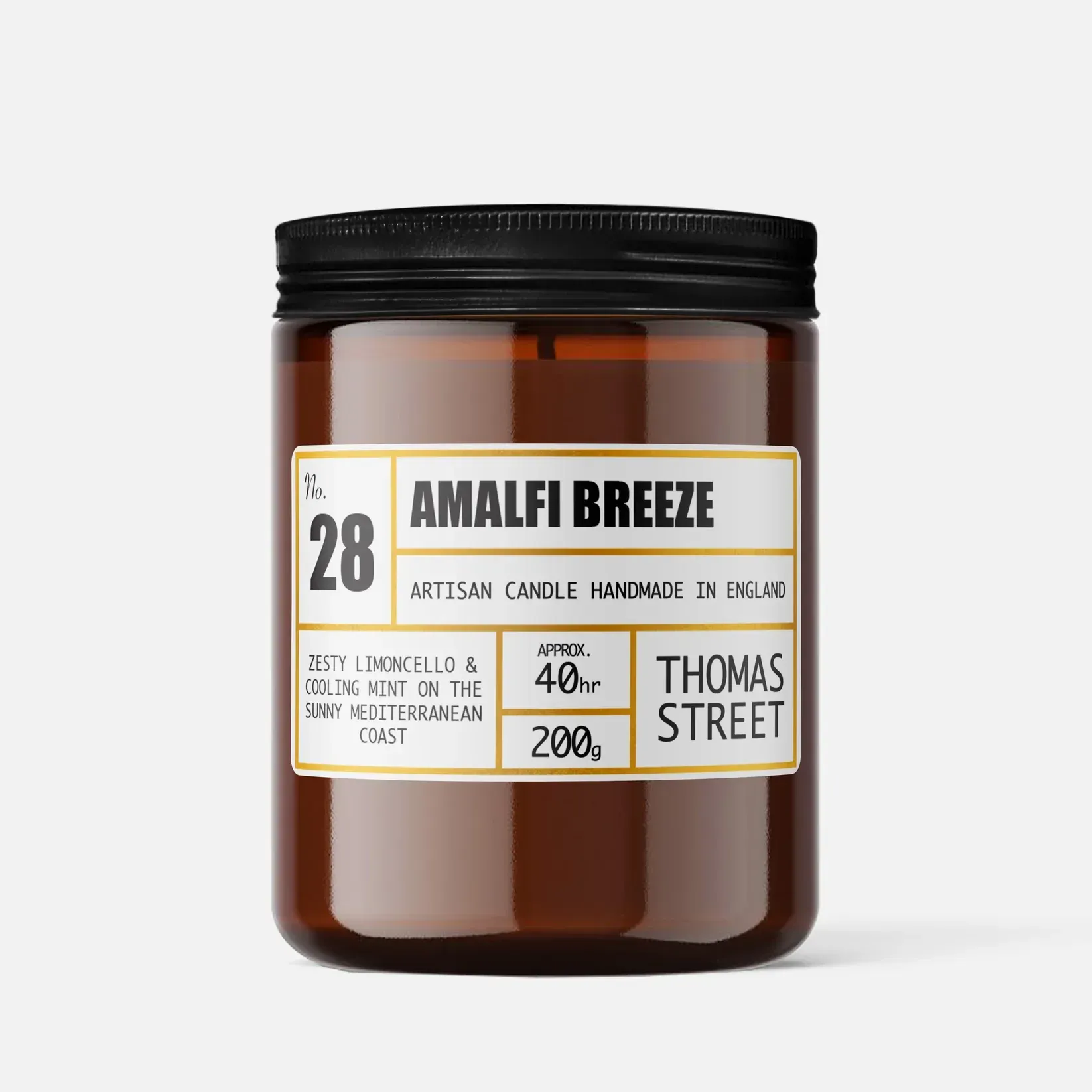 A jar of amalfi breeze candle made by thomas street