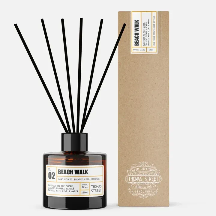 A bottle of beach walk reed diffuser next to a box