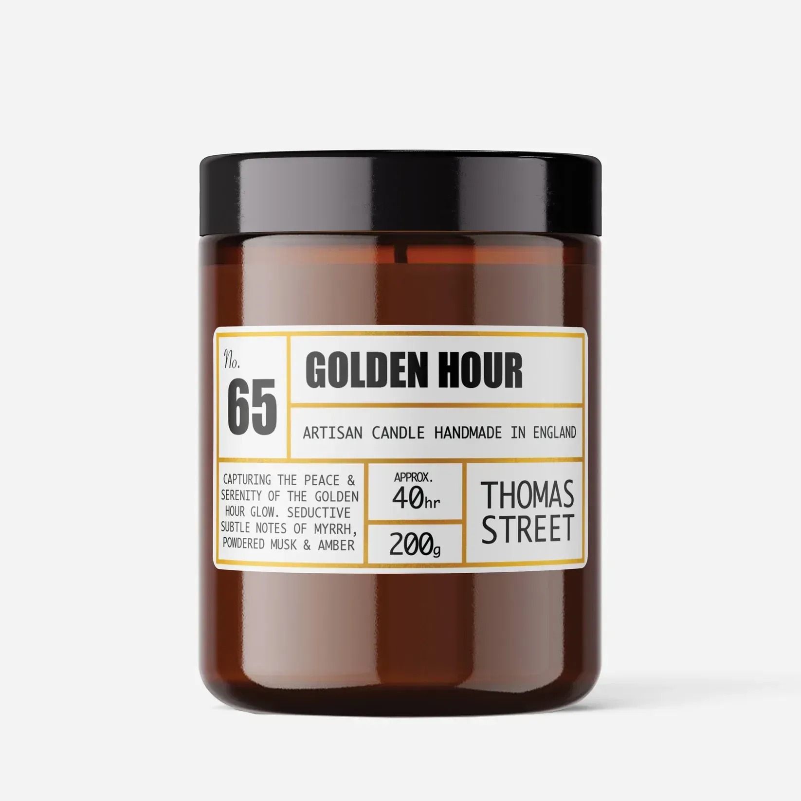 A brown jar with a label that says golden hour on it