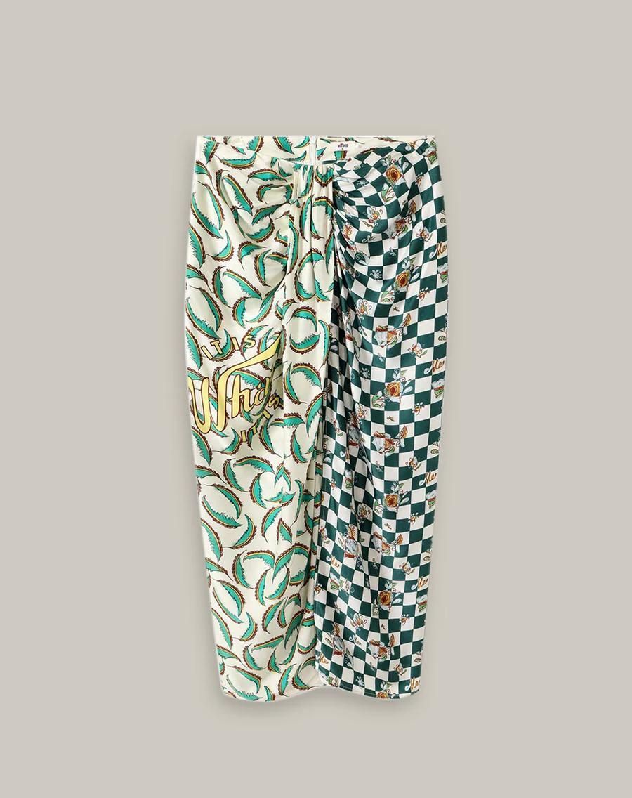 A pair of pants with a floral pattern and the words