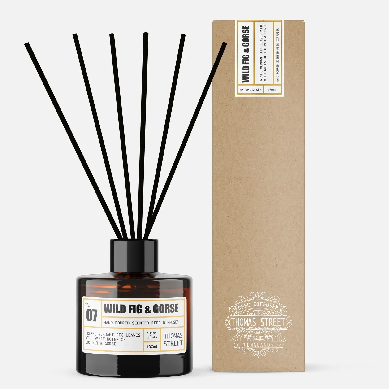 A bottle of wild fig and gorse reed diffuser next to a box