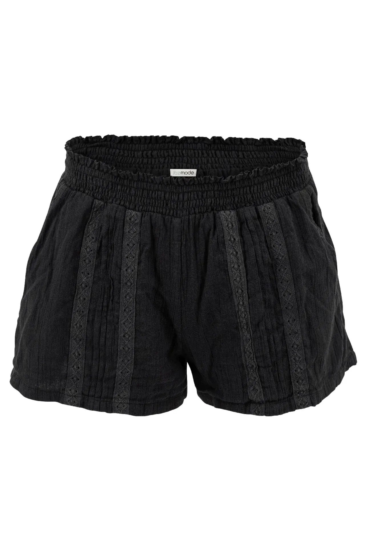 A pair of black shorts on a white background