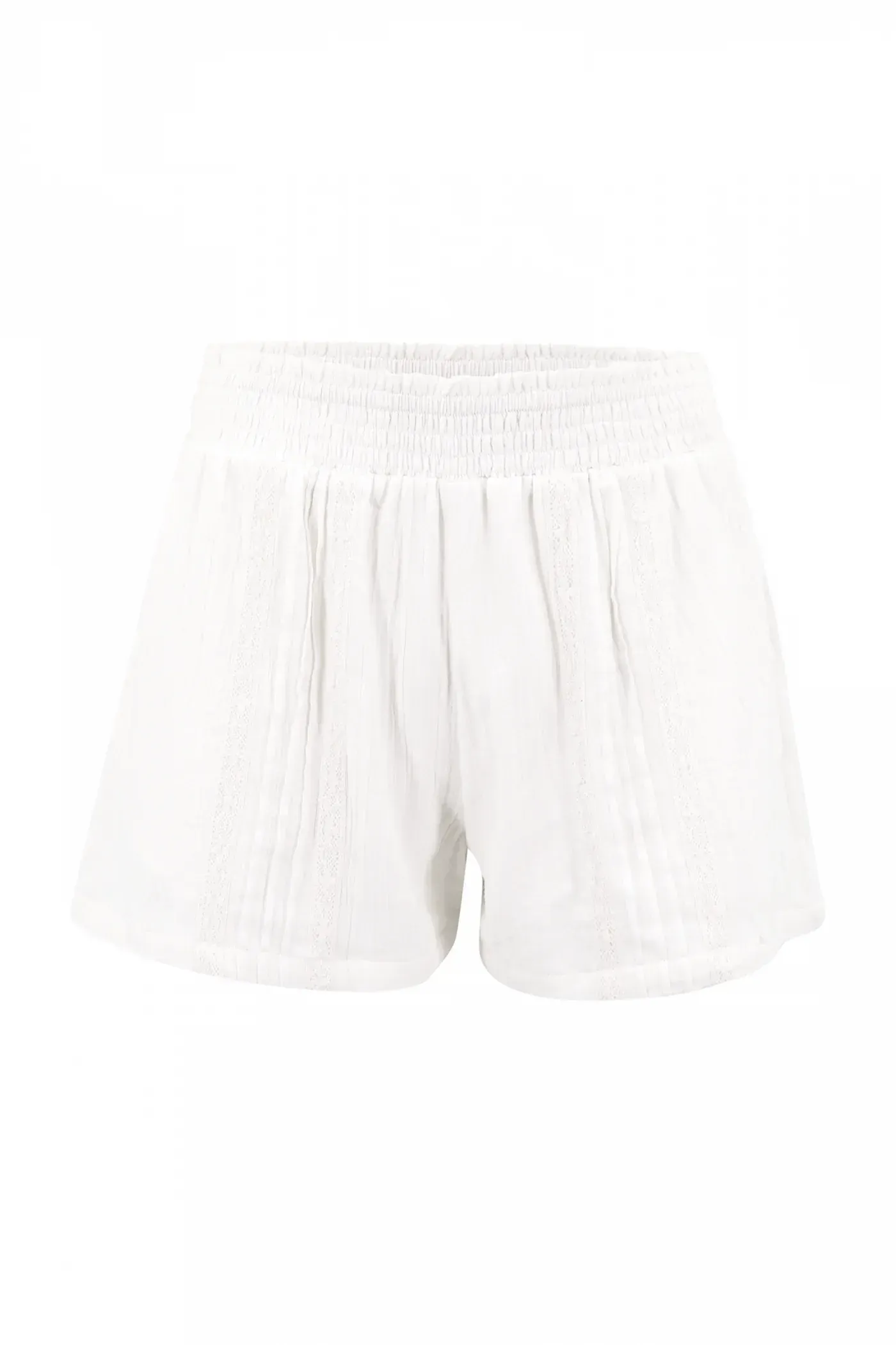 A pair of white shorts on a white background.