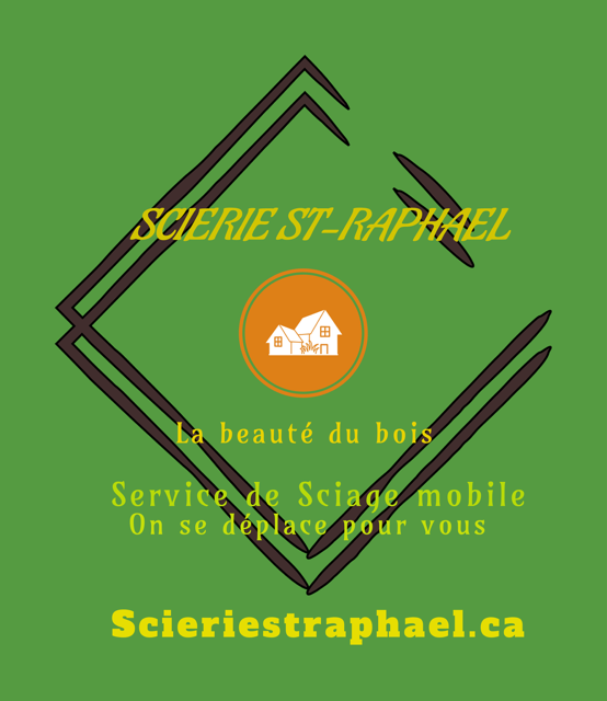 Un logo pour la scierie st-raphael montre une maison dans un cercle orange