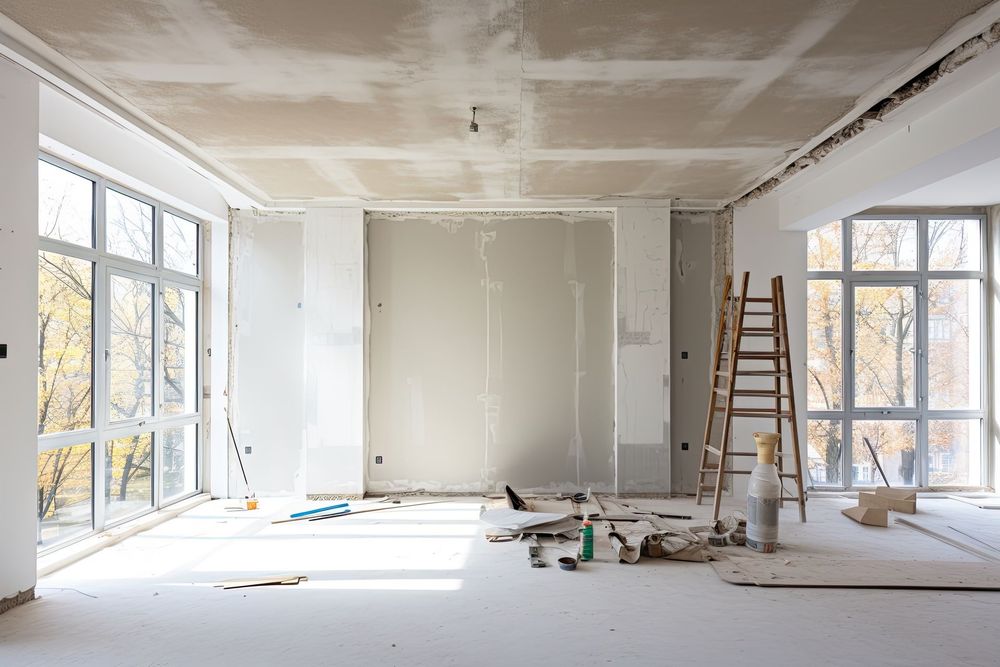 Une pièce vide avec une échelle et beaucoup de fenêtres en construction.