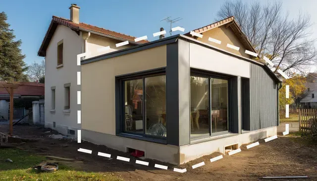Une photo d'une maison avec un dessin d'une extension de maison.