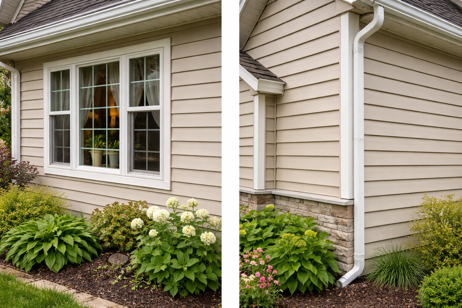 Beige siding on house with white trim, gutters, and windows; landscaping with green plants.