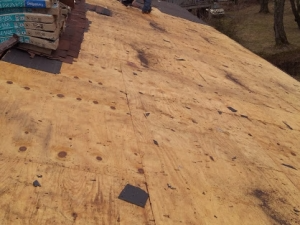 Wooden roof with plywood sheets, showing knots and a dark discoloration, possibly water damage.