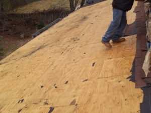 Person standing on plywood roof, likely preparing for roofing work.