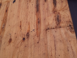 Plywood with visible wood grain, dark staining, and nail holes.