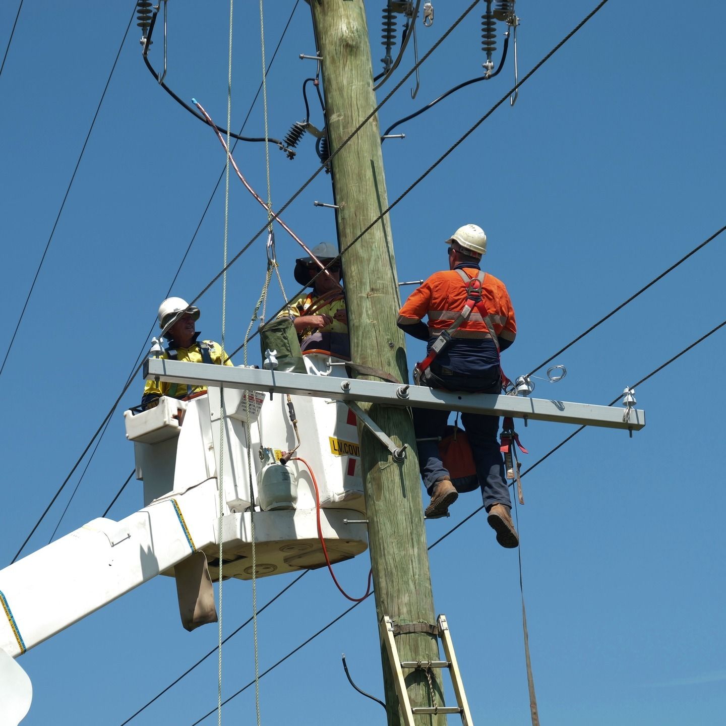 Electricians Working on Electrical Power Pole