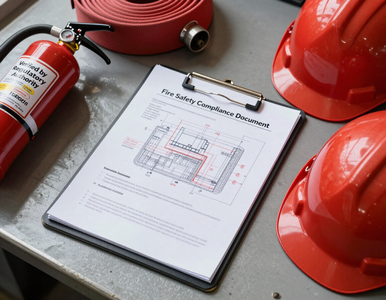 Documentazione tecnica antincendio su un piano di lavoro industriale