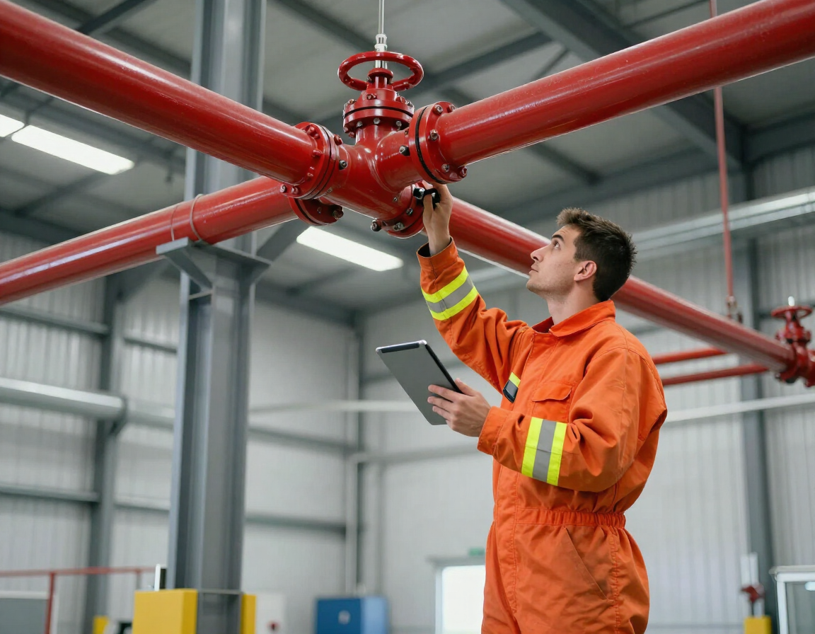 Tecnico che ispeziona un impianto sprinkler in un capannone industriale