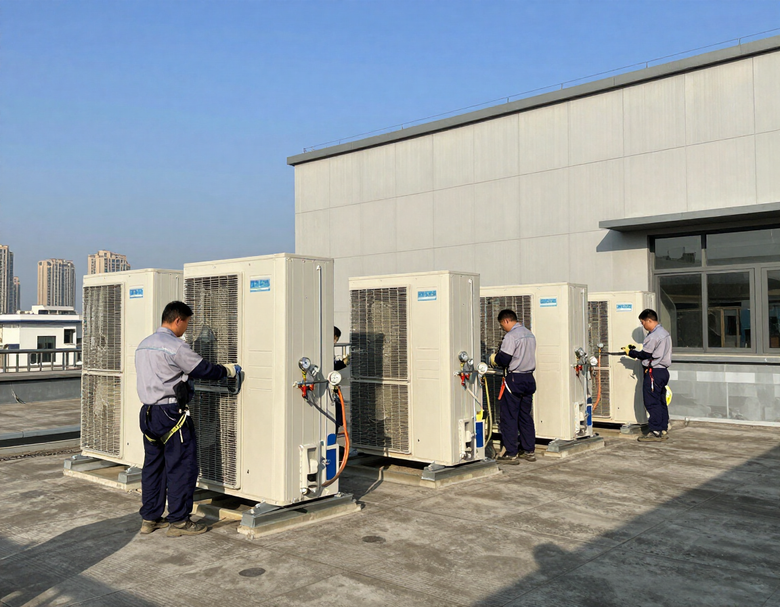 Impianti di refrigerazione industriale su tetto edificio commerciale