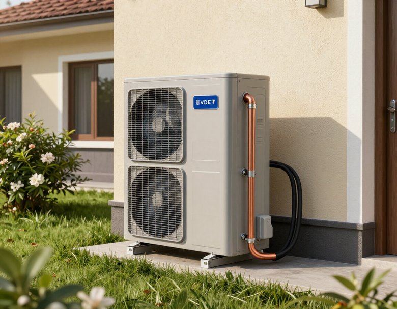 Pompa di calore aria-acqua installata esternamente a edificio residenziale