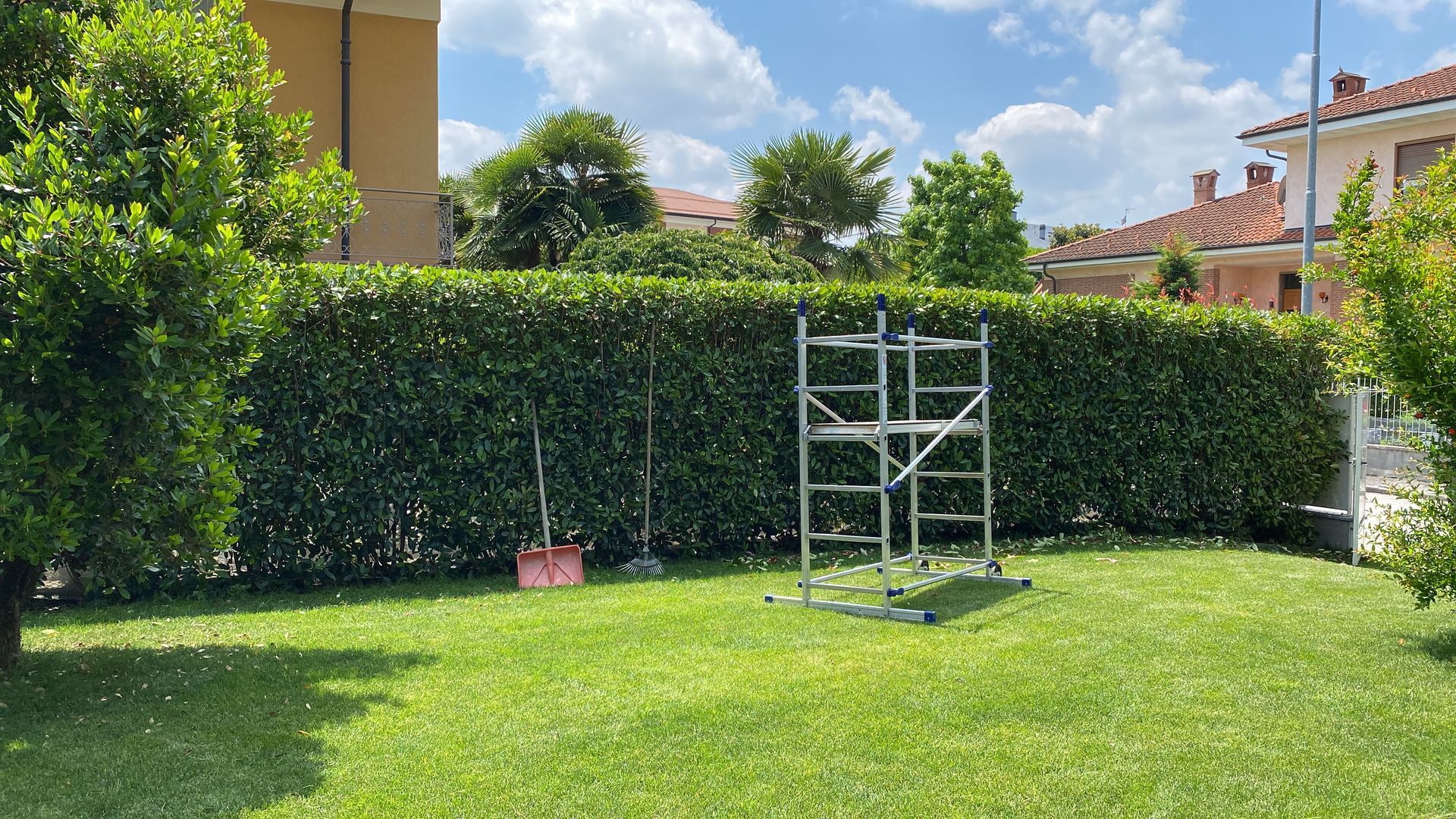 Siepe verde potata in un cortile; sono presenti un'impalcatura e degli attrezzi.