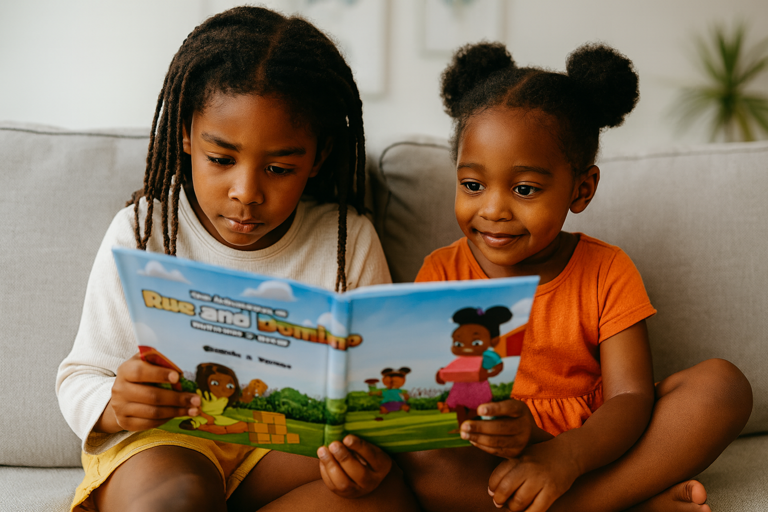 Children and a blue monster read under a tree, flying kites and balloons in a park.