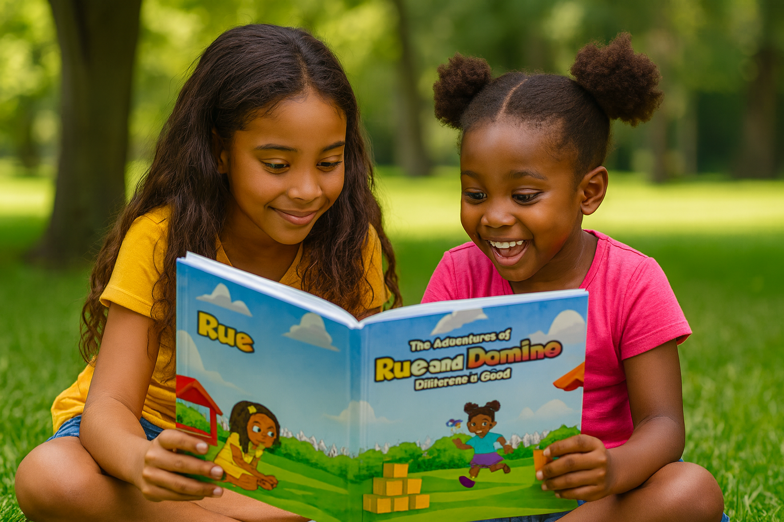 Blue bear reads, dog jumps with bubbles. Children read in park, city backdrop with sunset.