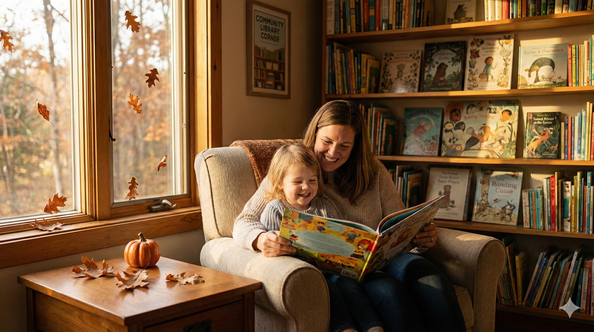 Woman and child reading a book together in front of a window; surrounded by bookshelves; autumn leaves visible.