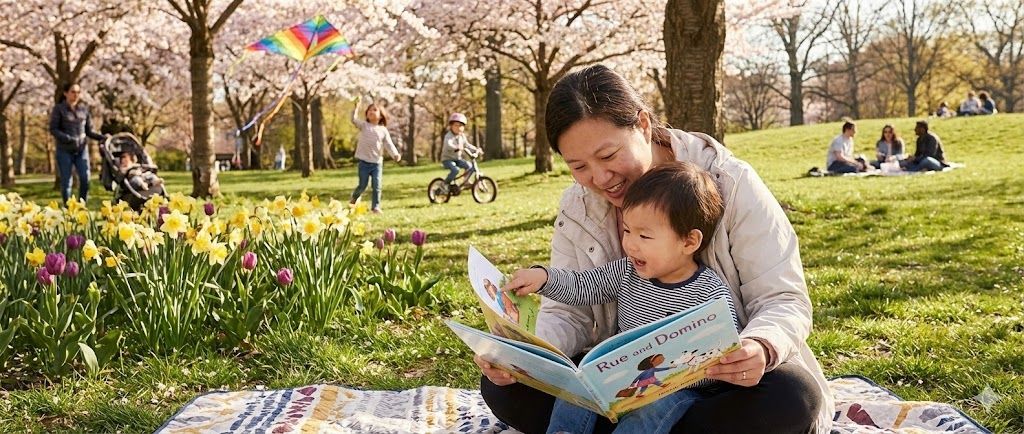 A woman and child read a book on a blanket in a park. People play nearby; flowers and trees surround them.
