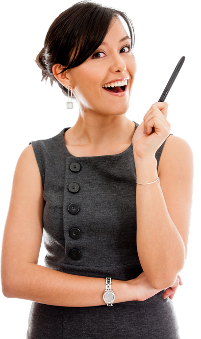 A woman in a grey dress is holding a pen and smiling