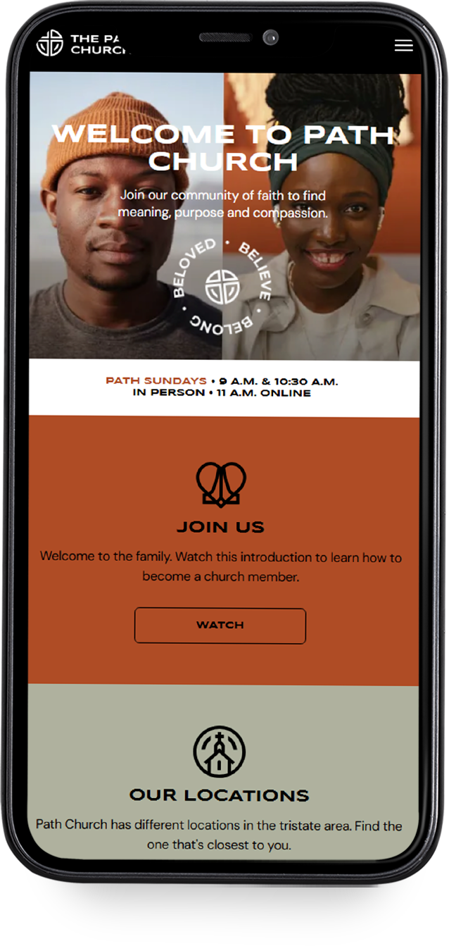 A white cell phone displaying a website for archic design