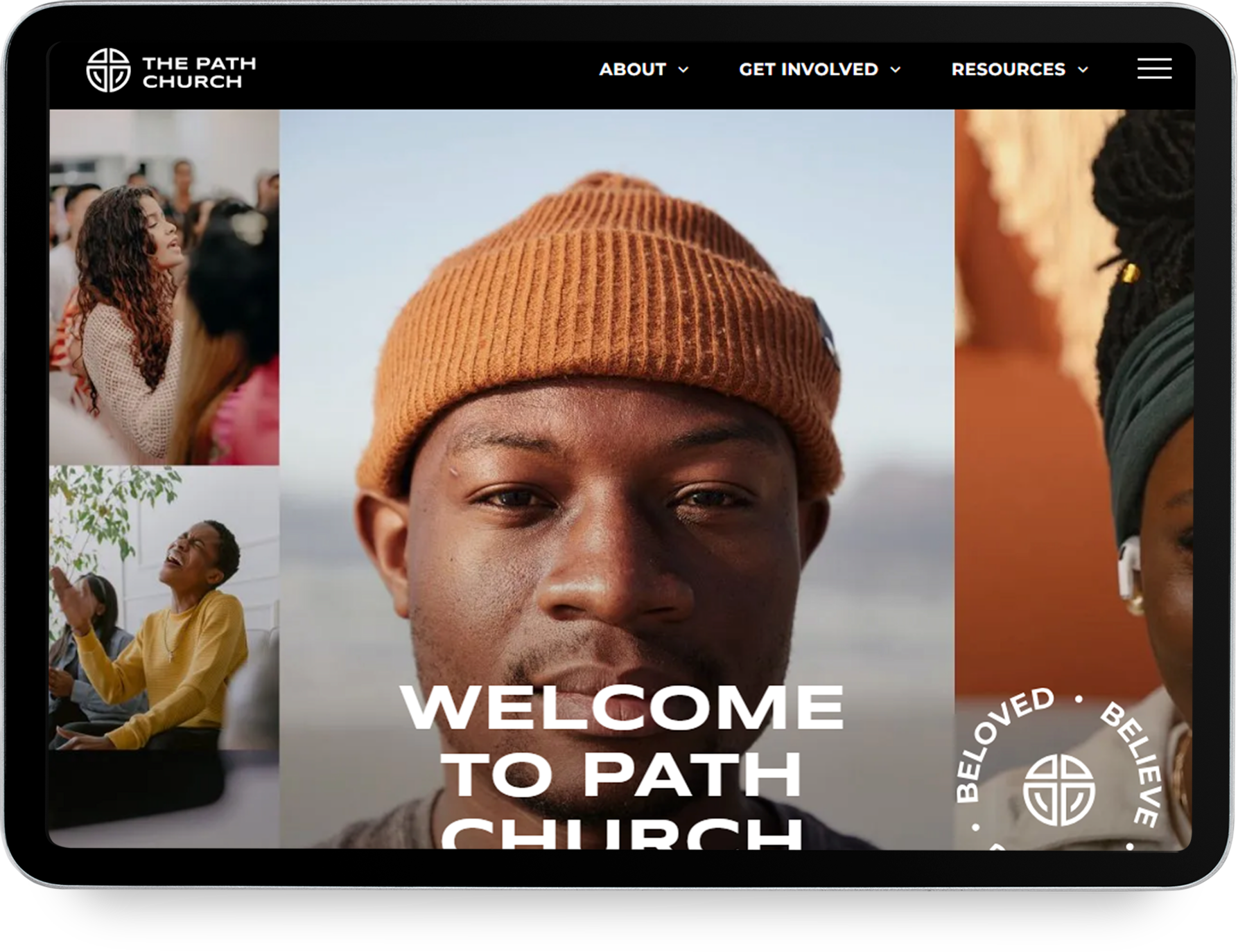 A tablet with a website on it that says we design concept and urban spaces