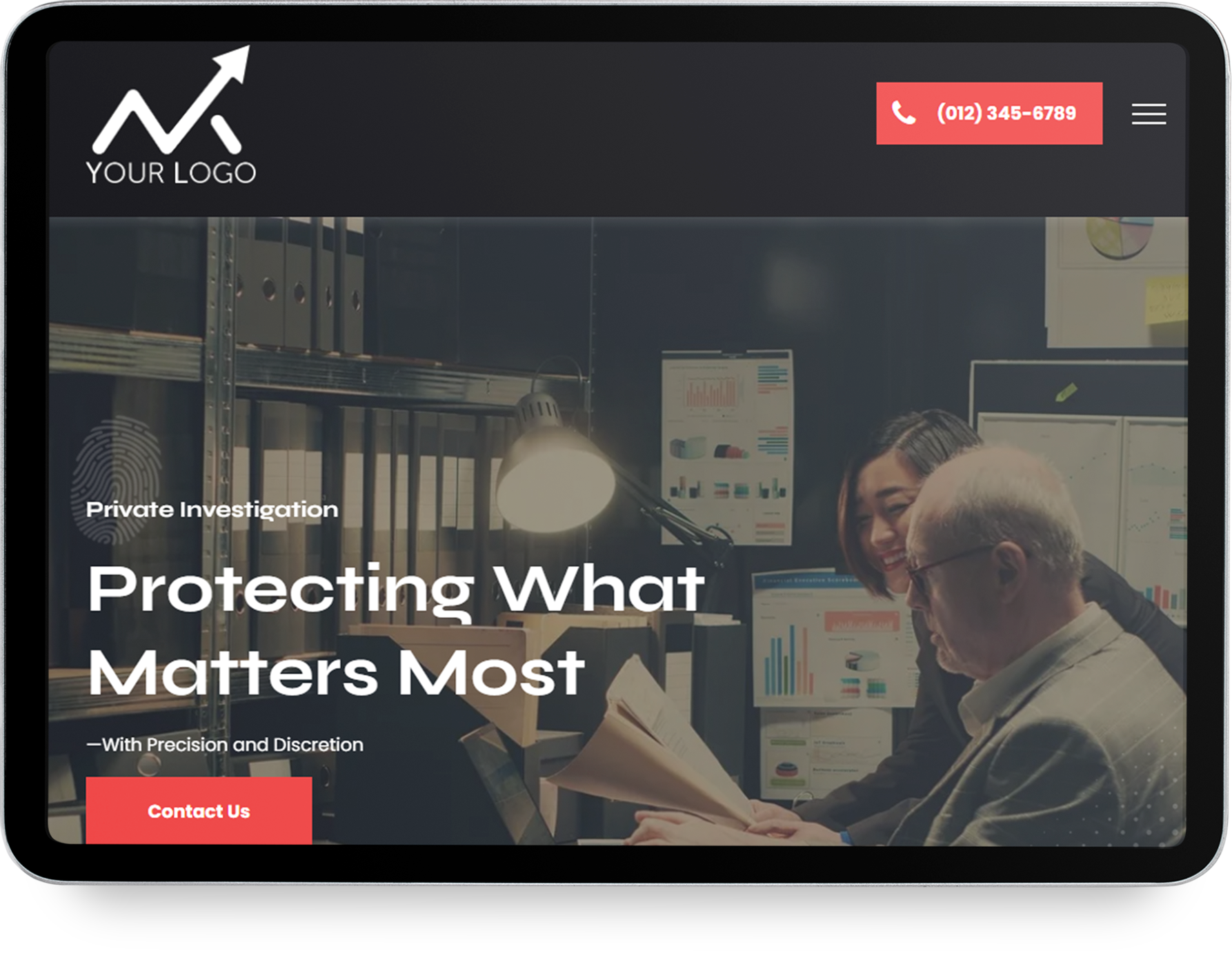 A tablet screen shows a website for attorneys and counselors at law.