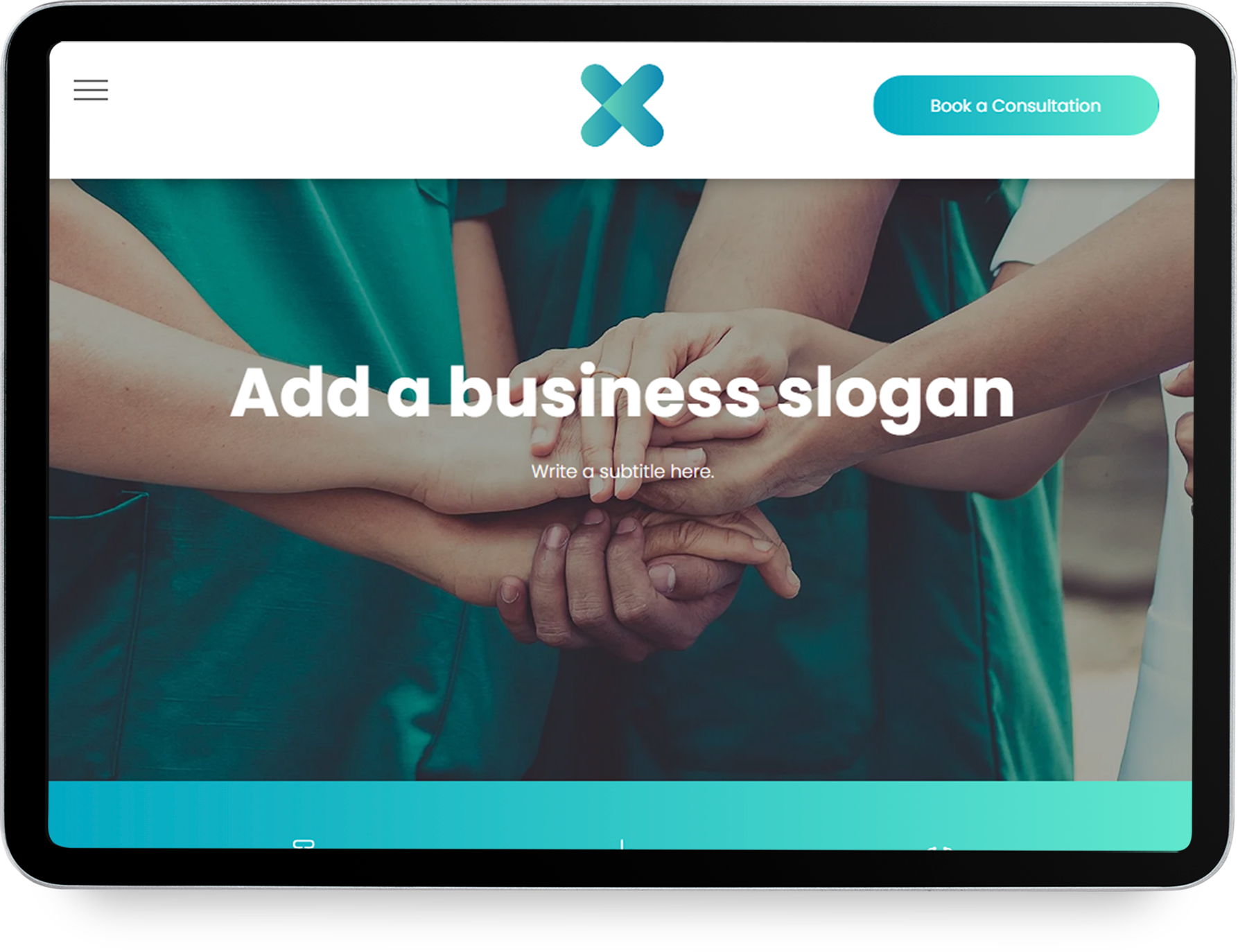 A tablet screen shows a page that says add a business slogan