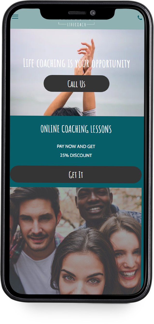 A white cell phone displaying a website for archic design