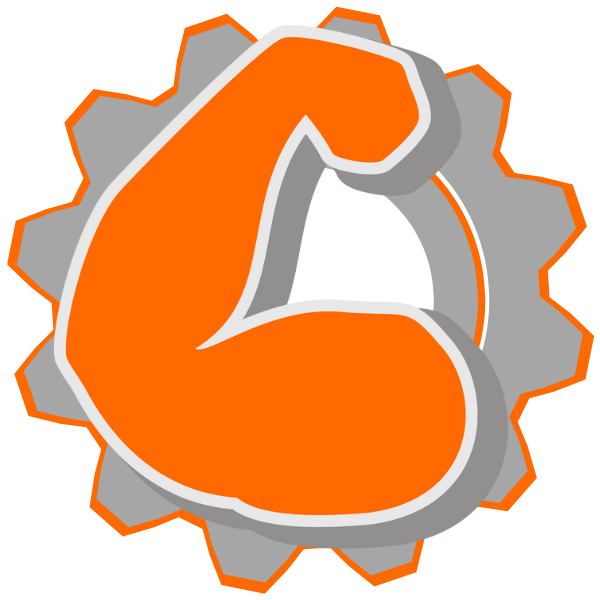 An orange and gray gear with a muscle in the middle