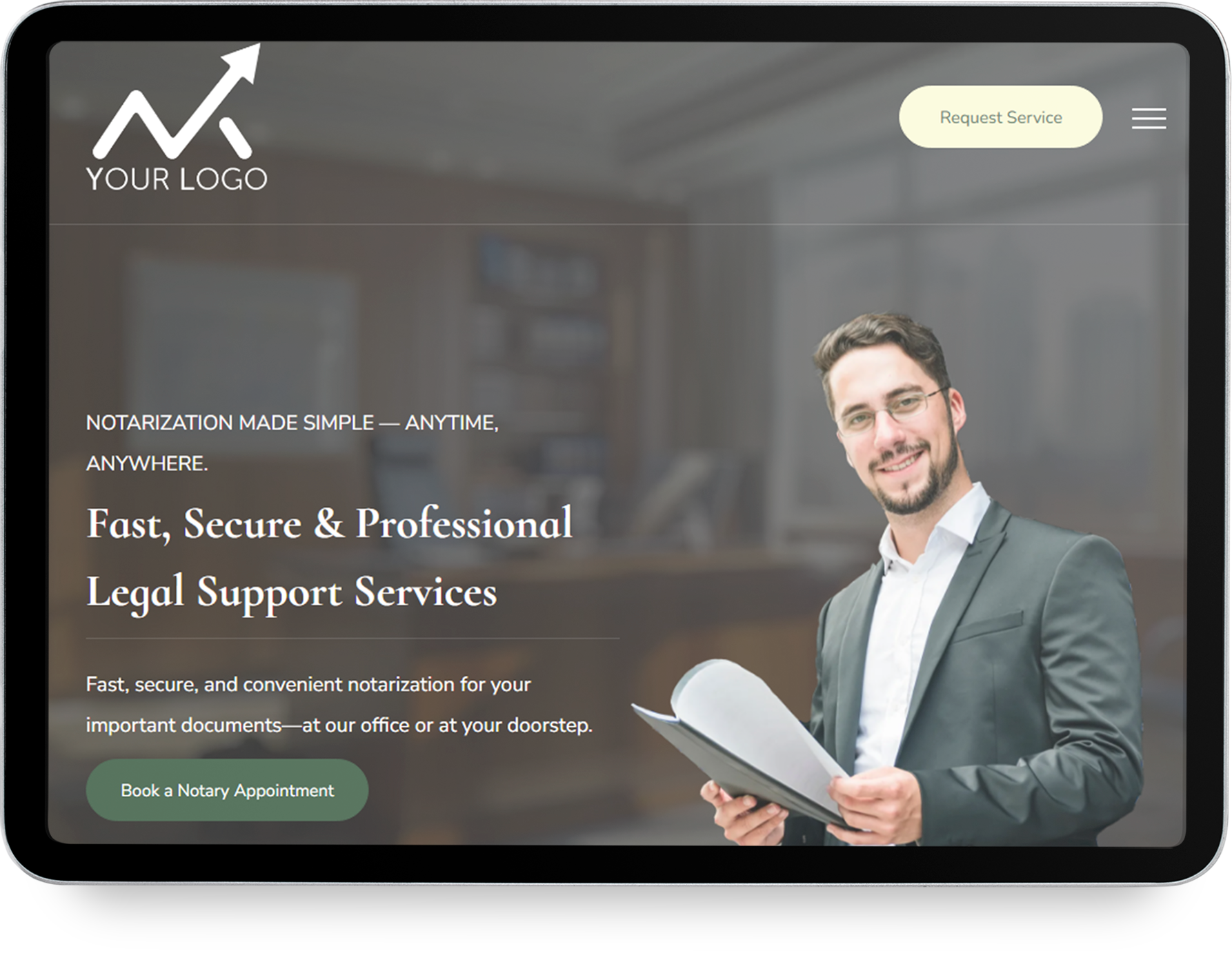 A white cell phone displaying a website for archic design