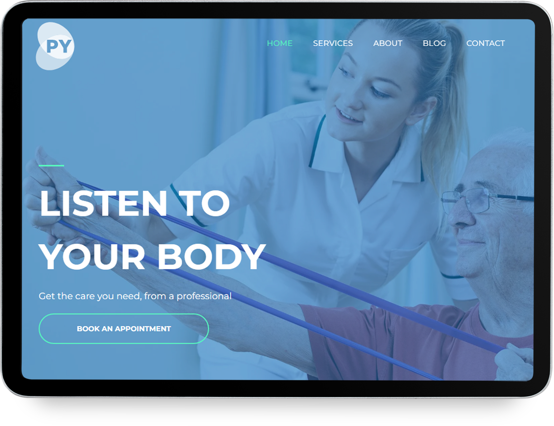 A woman is standing in front of a building on a tablet.