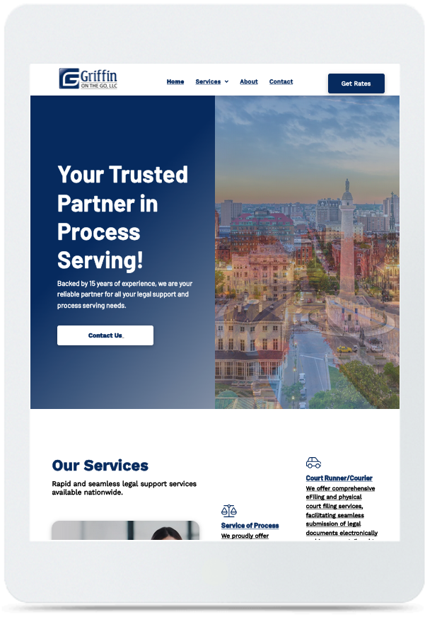 A woman is standing in front of a building on a tablet.