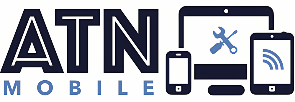 Logo di ATN Mobile con icone di dispositivi mobili, tablet e strumenti.
