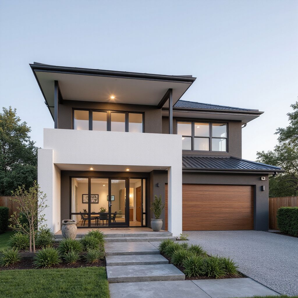 Two-story modern home with a white entryway, dark gray exterior, and wooden garage door.
