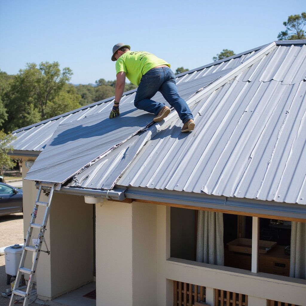 Person in green shirt, jeans, and hat on a gray metal roof, near a ladder, working on a sunny day.