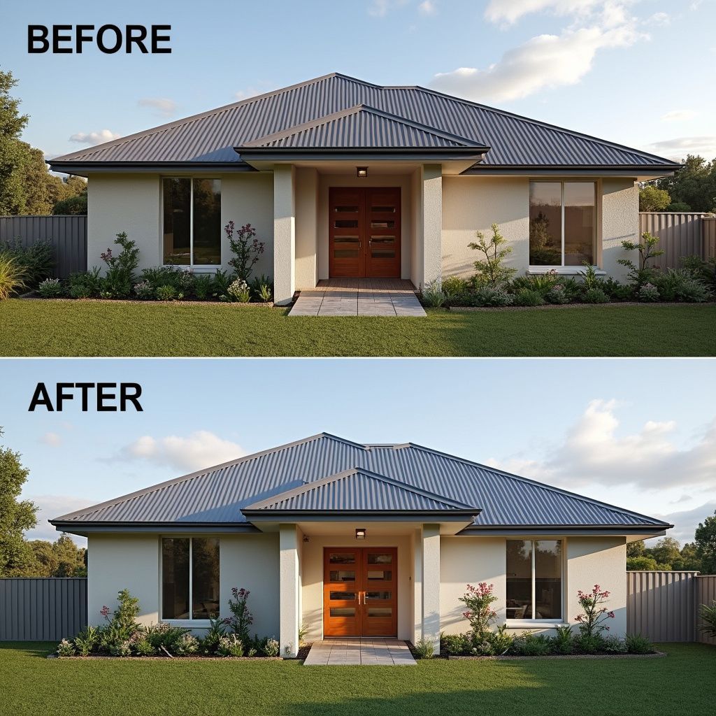 Comparison of a house: Before - one door, After - double doors. Beige exterior, gray roof, lawn.
