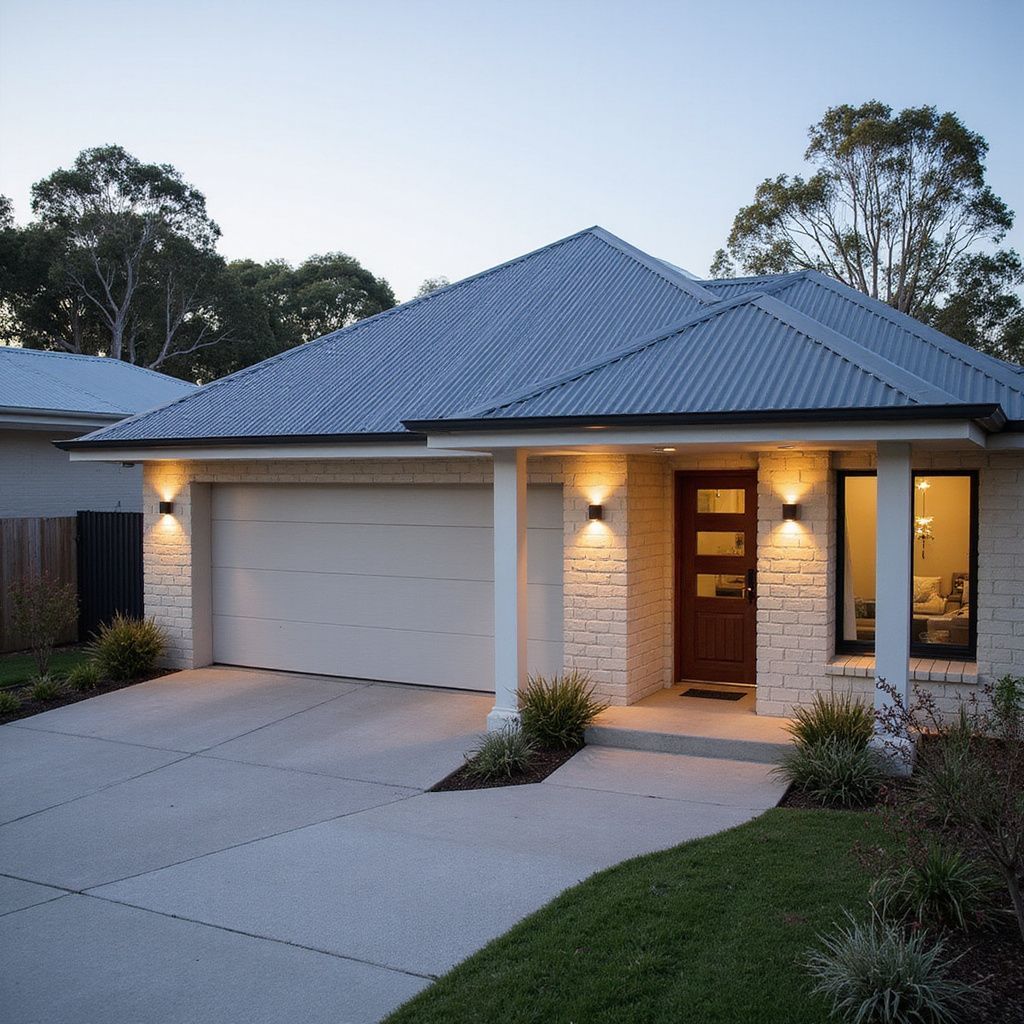 Modern, single-story house with light-colored brick facade, garage, and front door illuminated by outdoor lights.
