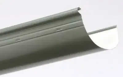 Gray, semi-circular metal gutter section against a white backdrop.