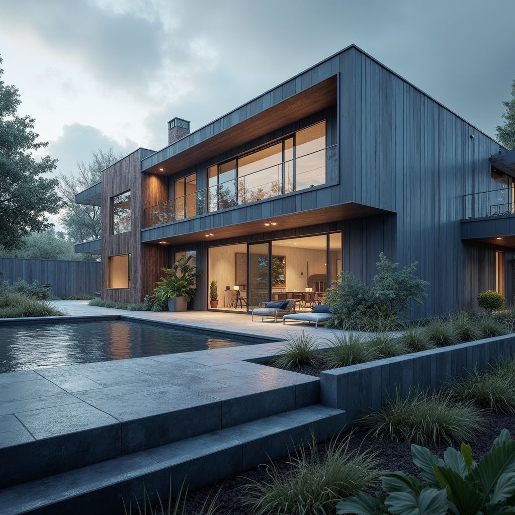 Modern house with pool; dark gray siding, wooden accents, large windows. Cloudy sky.