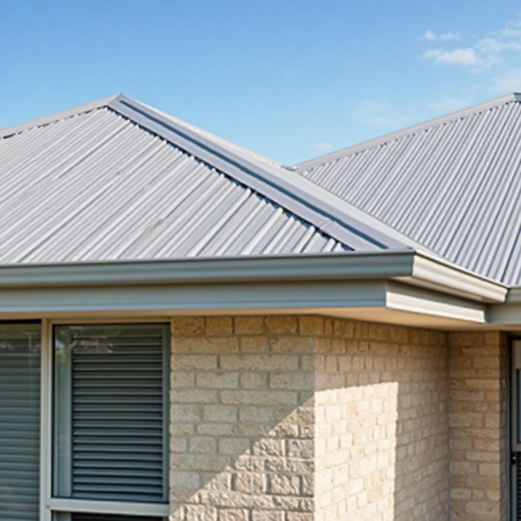 Gray metal roof on a brick home with gutters, under a blue sky.