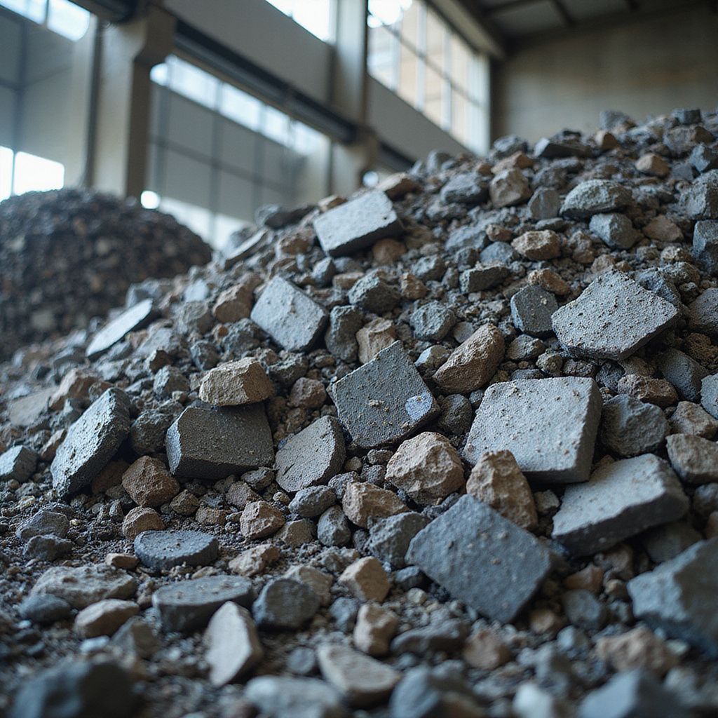 Pile of broken concrete and rocks inside a building.