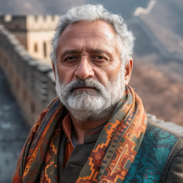 A man with a beard is wearing a scarf around his neck.